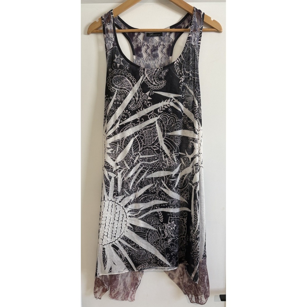 Besco Boho Celestial Sun Paisley Racerback Tank Tunic Dress Asymmetrical Lace LG